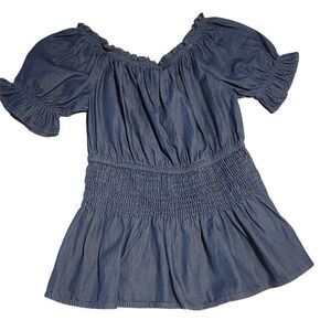 New Glory Girls Blue Dark Wash Off The Shoulder Denim Blouse Top Size Medium